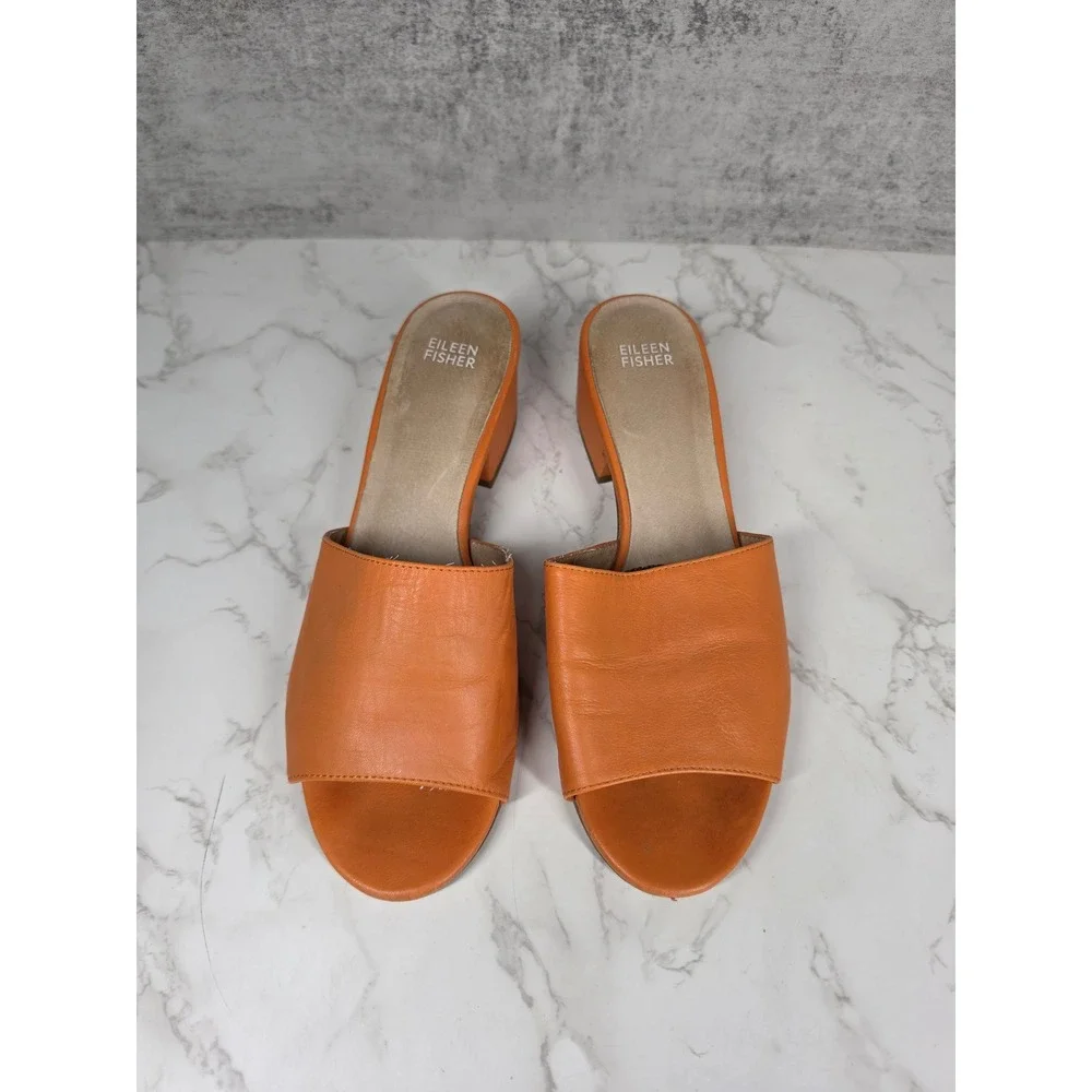 Eileen Fisher Womens Orange Leather Block Heel Slide Sandals 9.5 Chic Minimalist